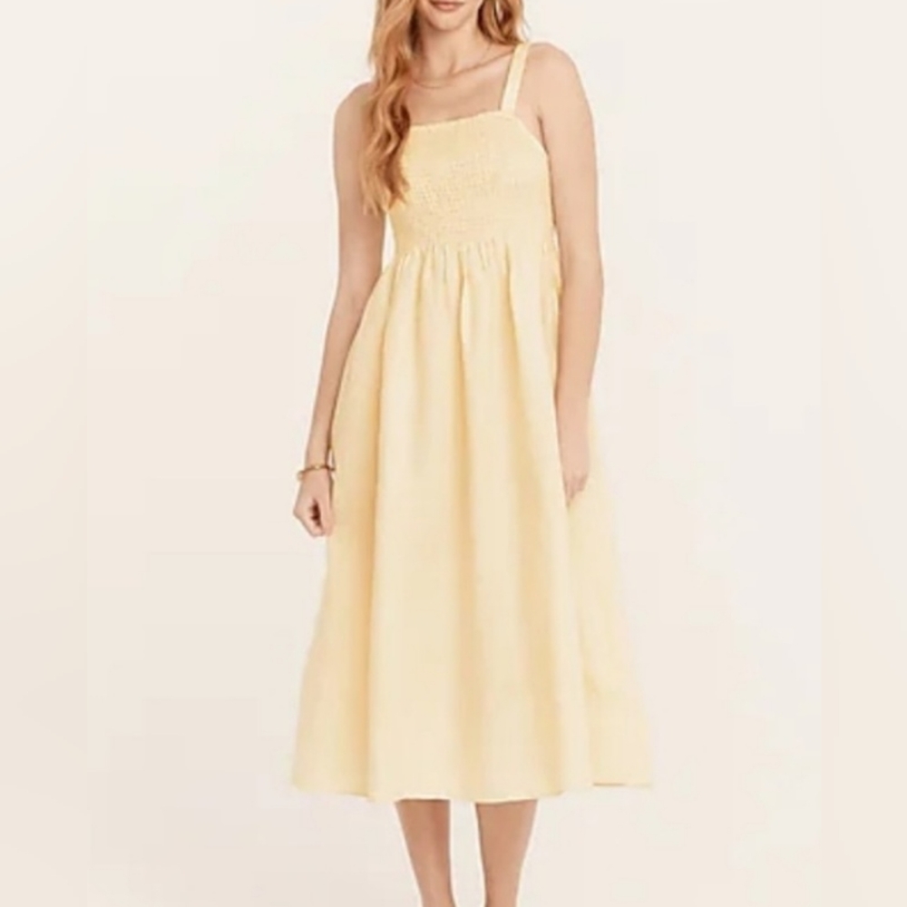 J. Crew Smocked Beach Dress Size LARGE Linen Cotton Blend NWT